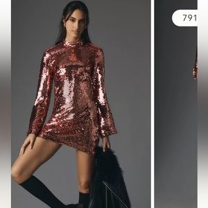 Maeve Anthropologie Long Sleeve Mock Neck Sequin Mini Dress pink metallic XS NEW